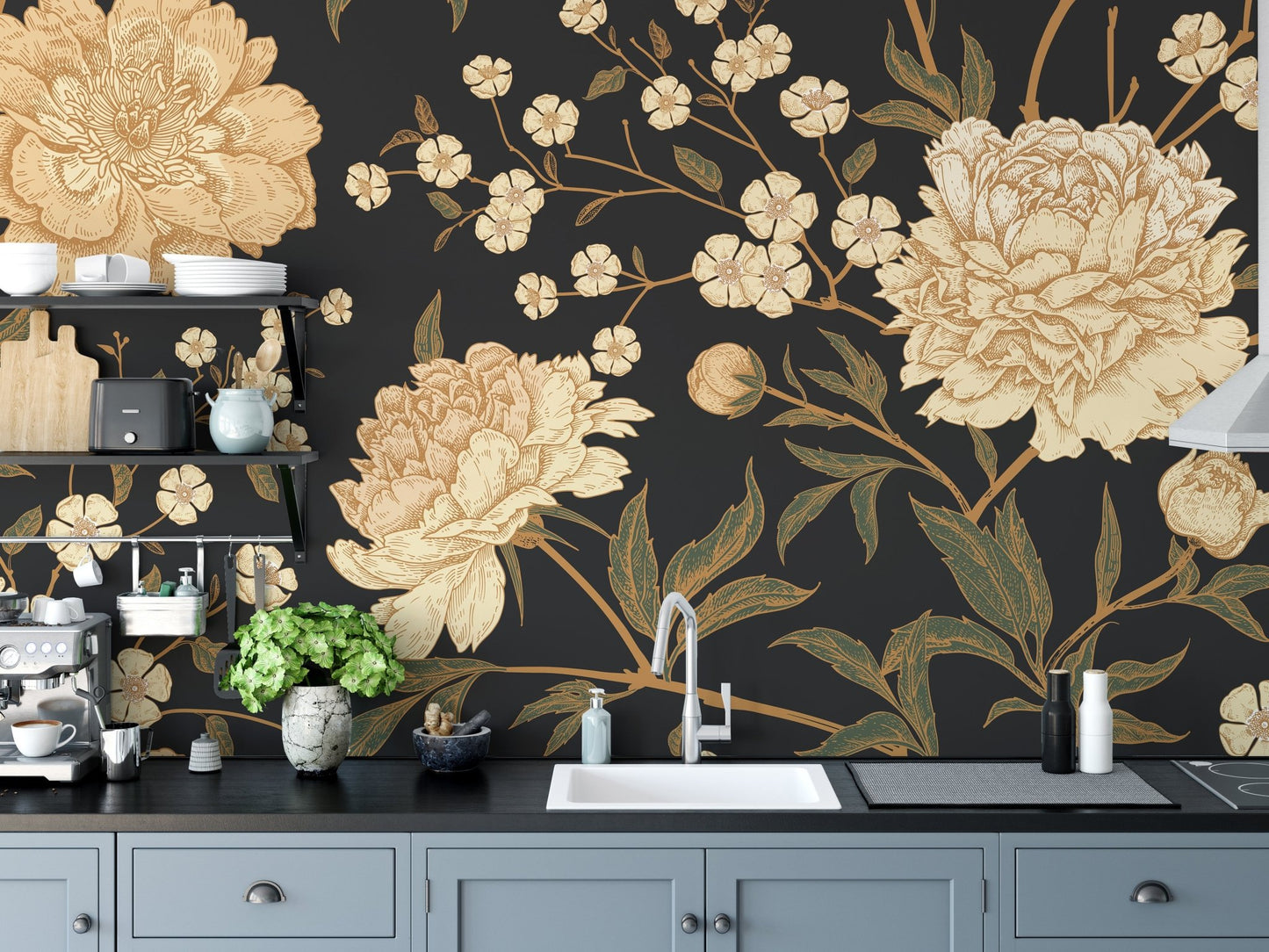 Peony flower wall mural styling a modern kitchen interior