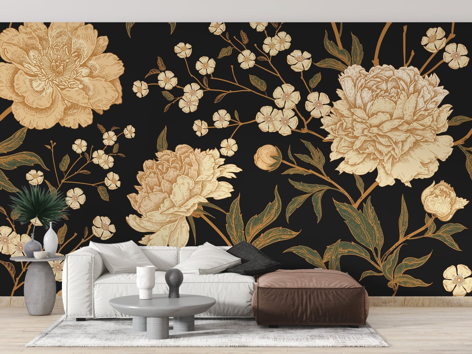 Mystic Midnight Peony Blooms Murals in a cosy living room


