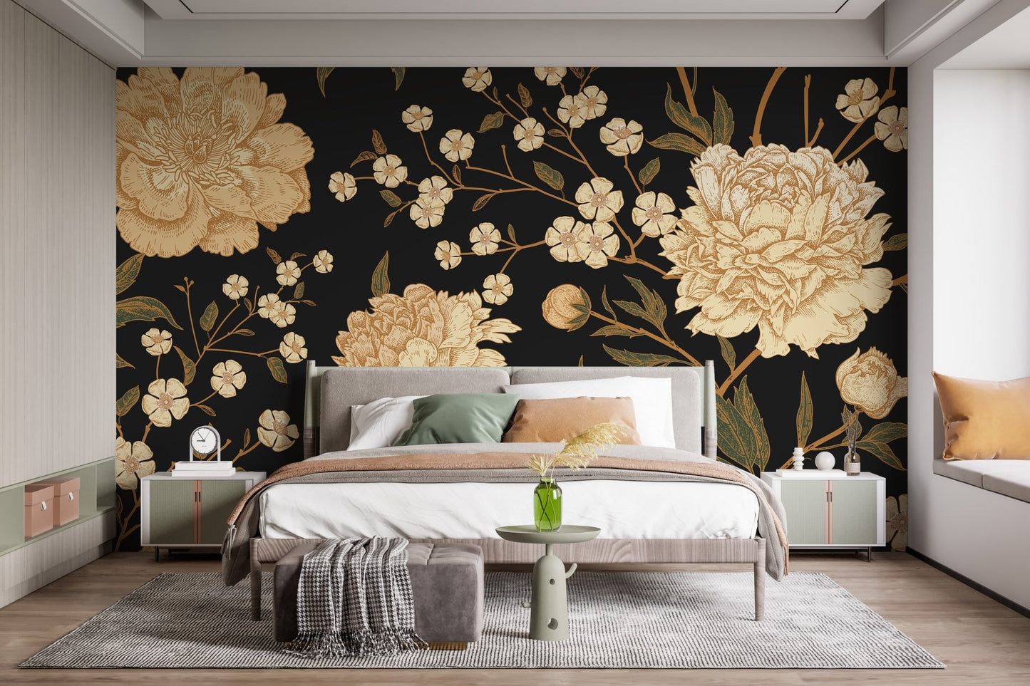 Modern bedroom interior with large peony wall mural decor