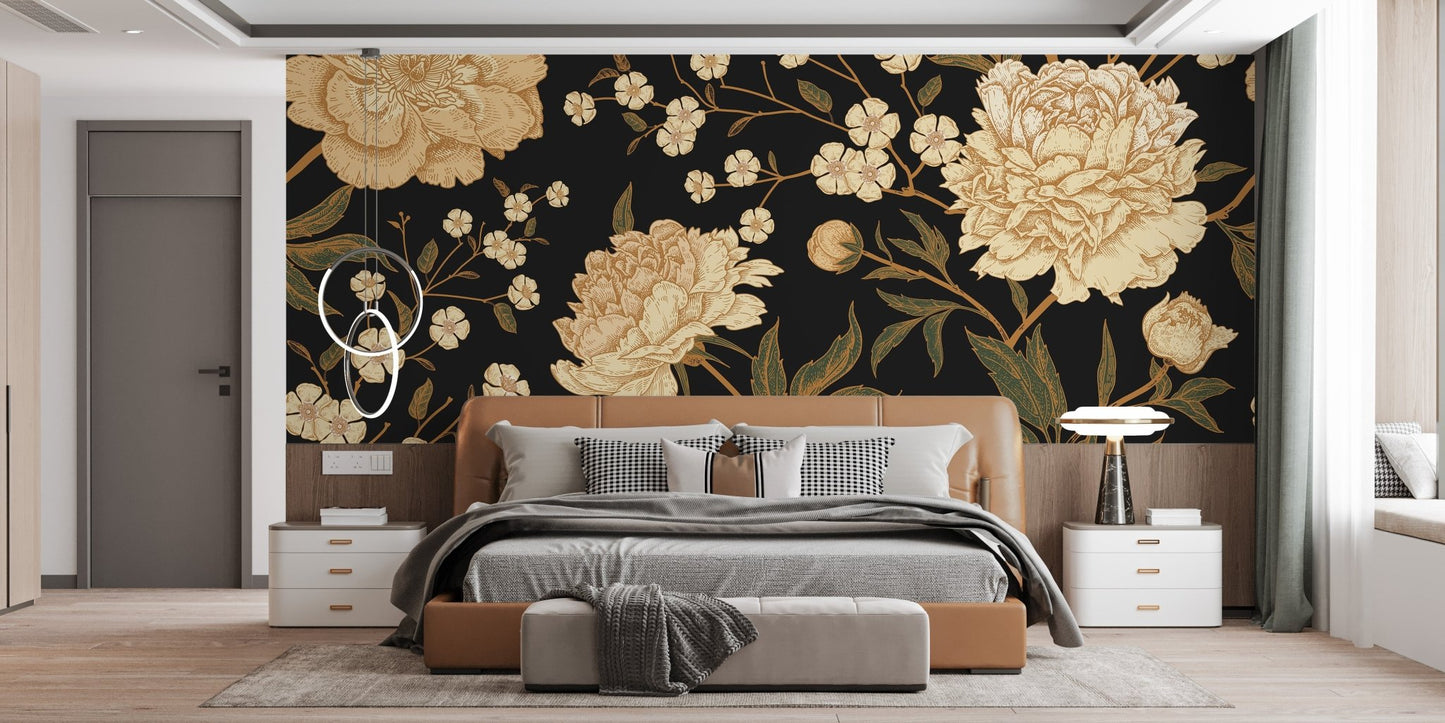 Warm bedroom featuring Mystic Midnight Peony Blooms Murals