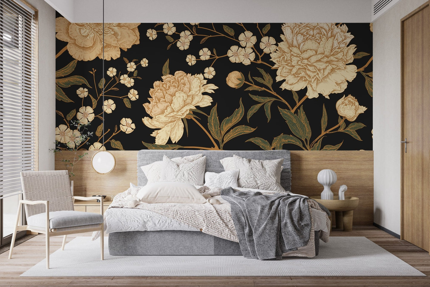 Light wood bedroom details against dark peony blooms wall mural.