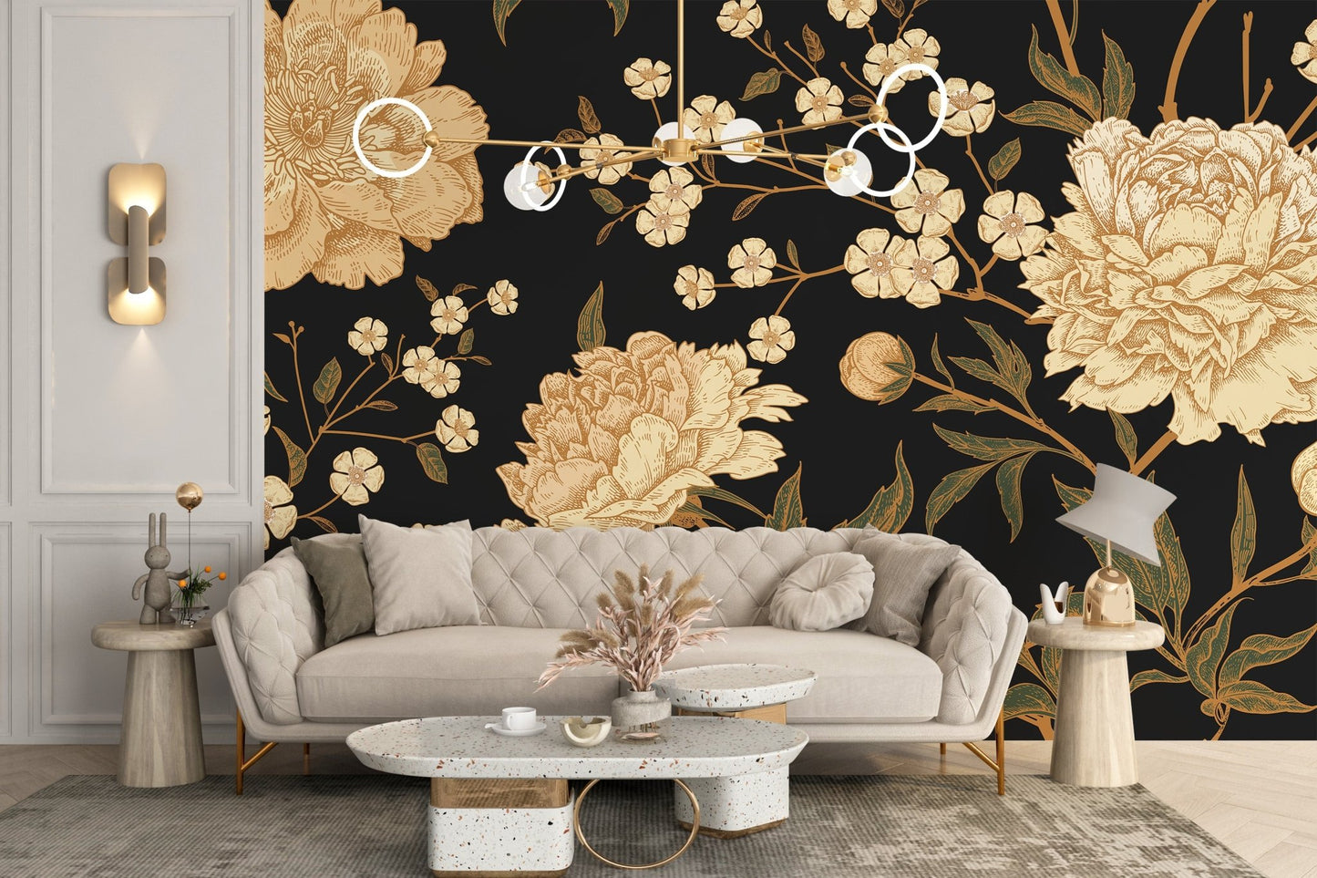 Neutral living room styled with dark peony blooms wall mural.