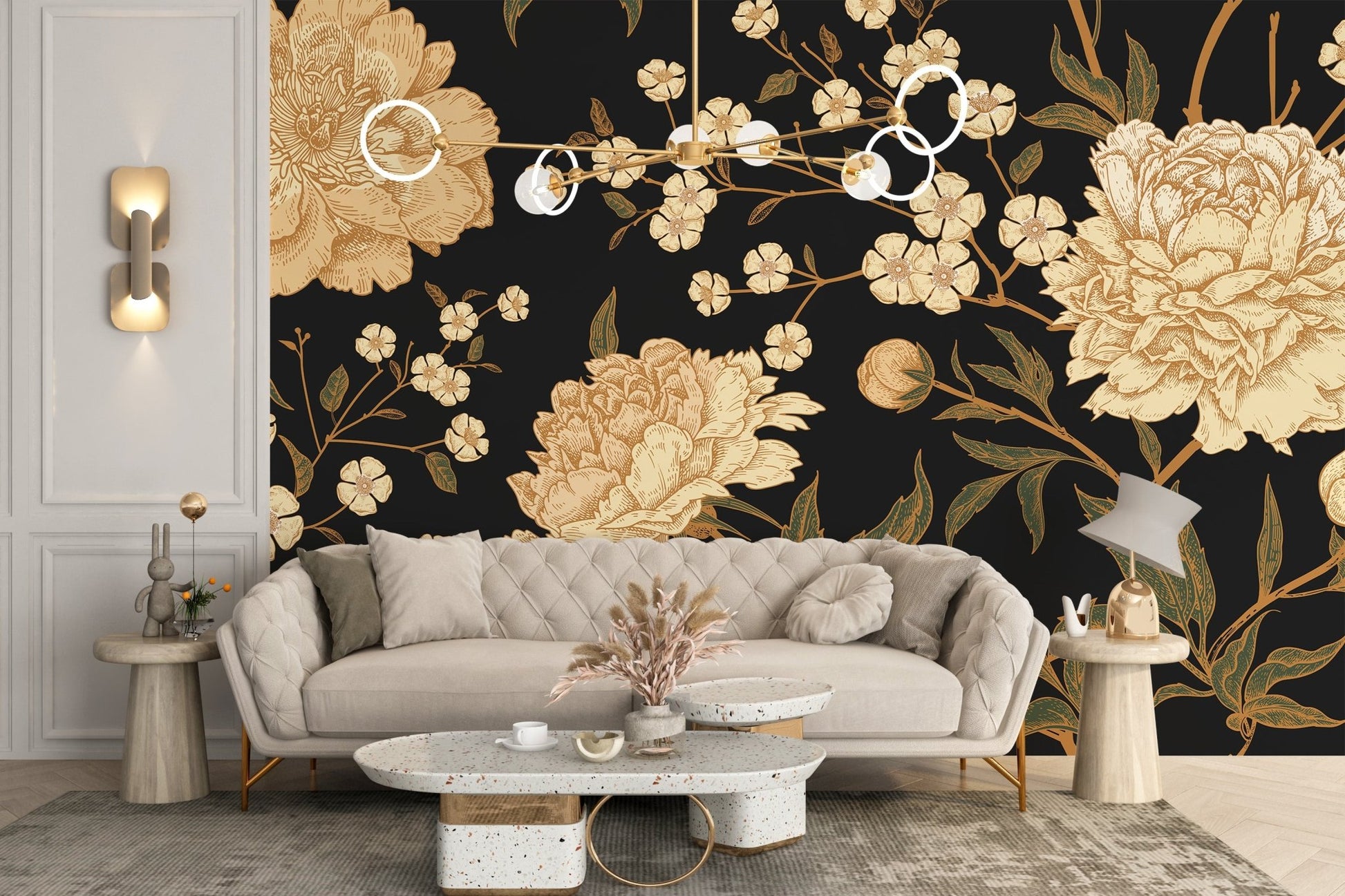 Neutral living room styled with dark peony blooms wall mural.