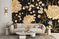 Neutral living room styled with dark peony blooms wall mural.