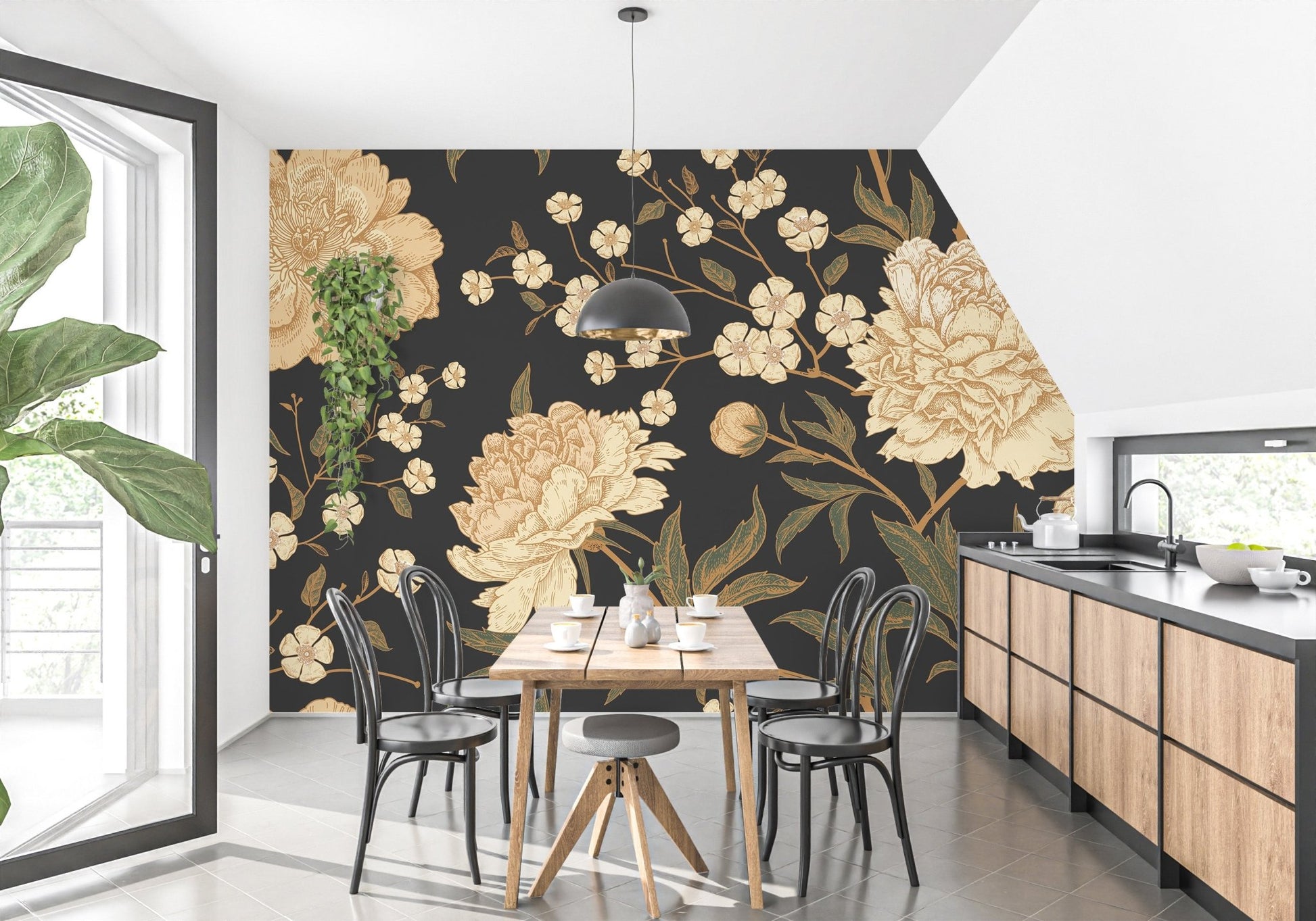 Large dining table setting with black peony floral wall mural.