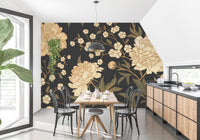 Large dining table setting with black peony floral wall mural.
