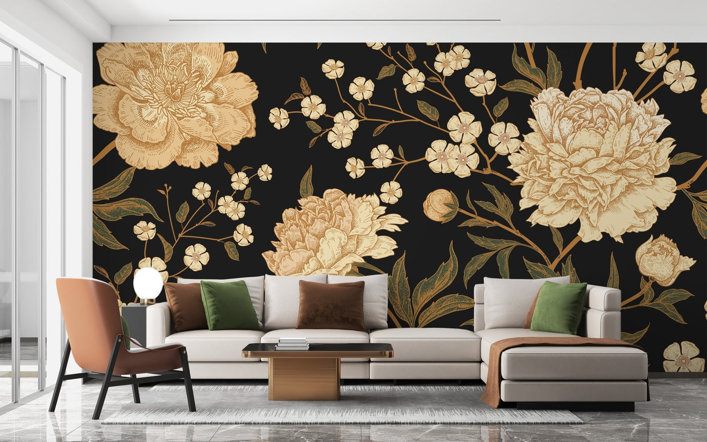 Dark floral blooms wall mural behind a white sofa in a living space