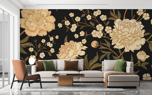 Dark floral blooms wall mural behind a white sofa in a living space