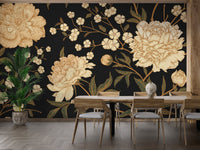Floral peony blooms wall mural in a modern dining room with wooden chairs