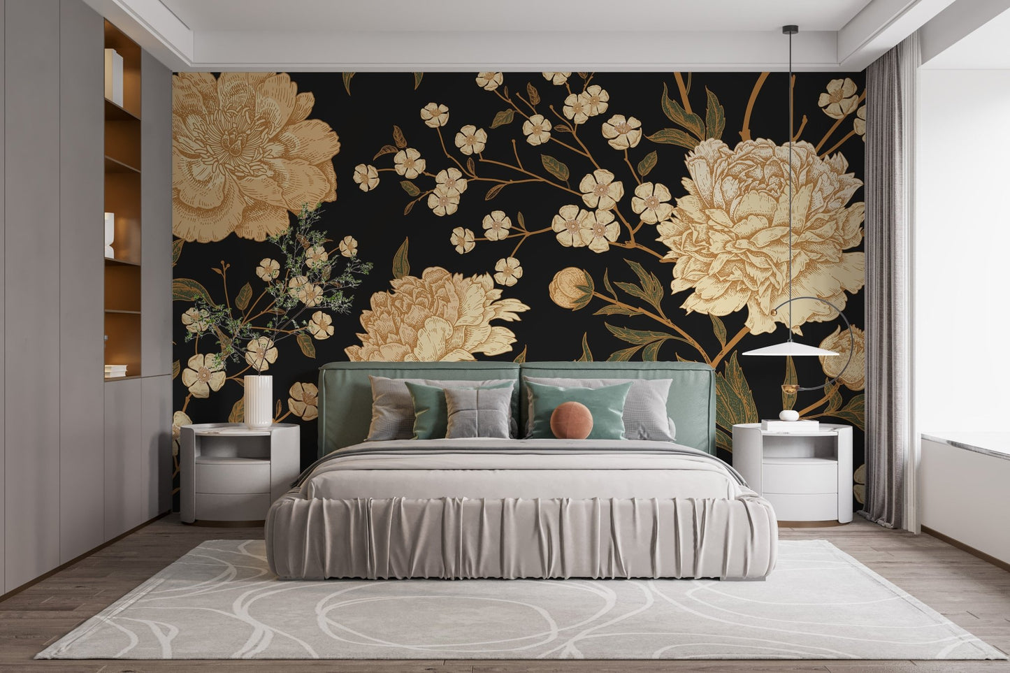 Midnight peony wall mural behind a grey bed in a minimal bedroom