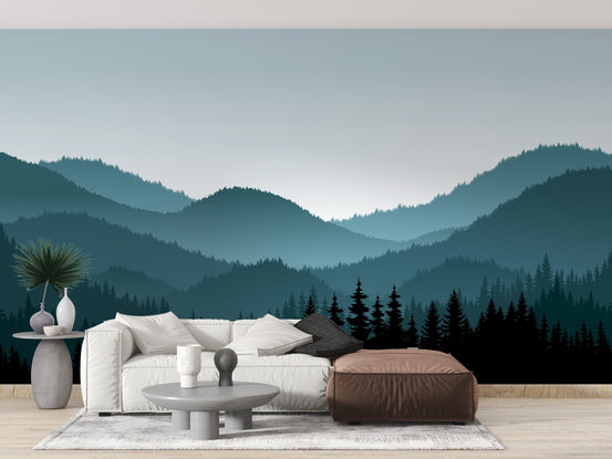 Mystic Mountain Shadows wall mural in a living room with a white sofa.