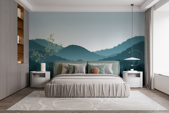 Minimalist forest wall mural in a bright bedroom with a white bed frame.