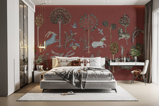 Mystical creature wallpaper mural with red background and forest animals.