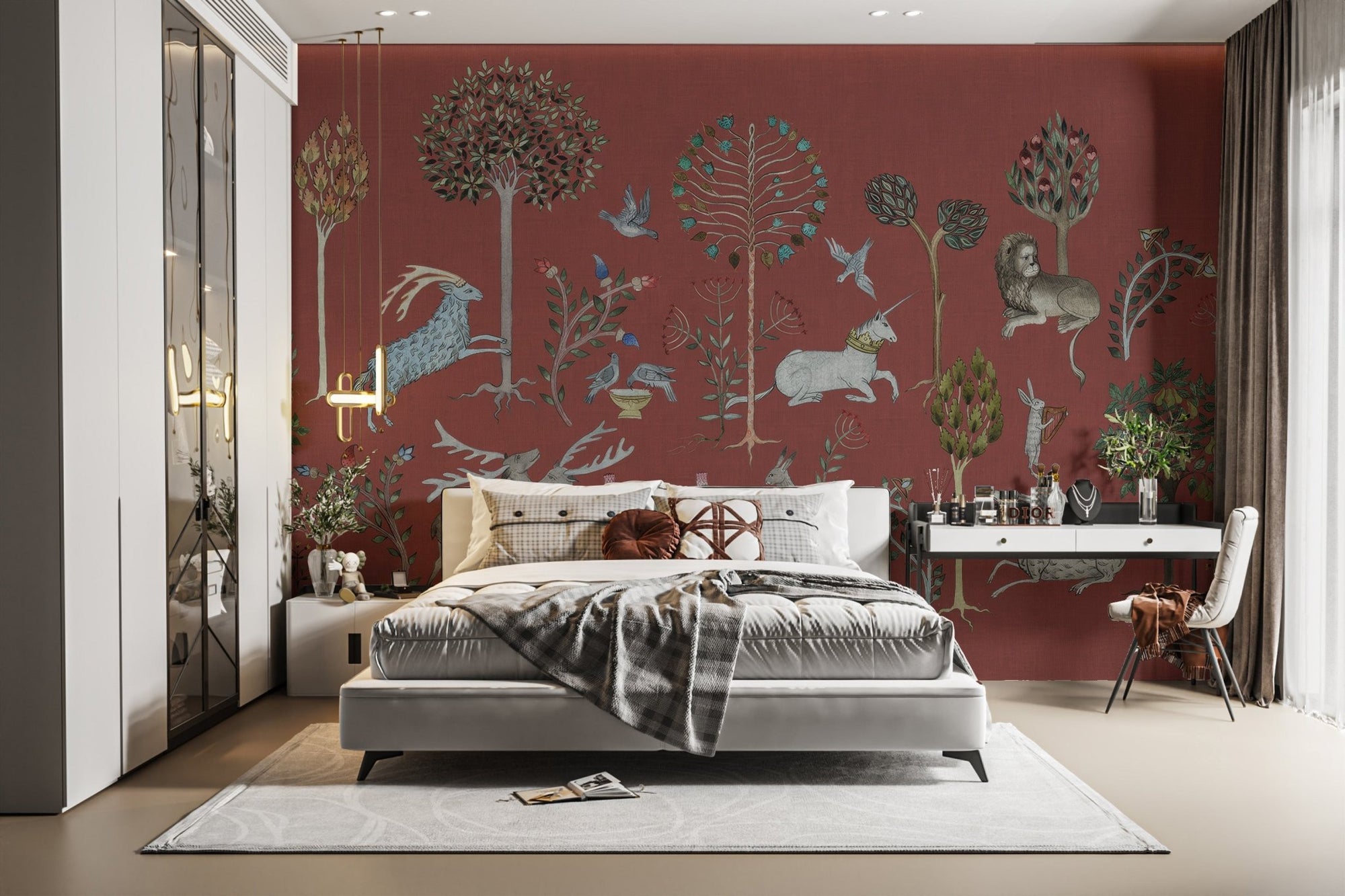 Mystical creature wallpaper mural with red background and forest animals.