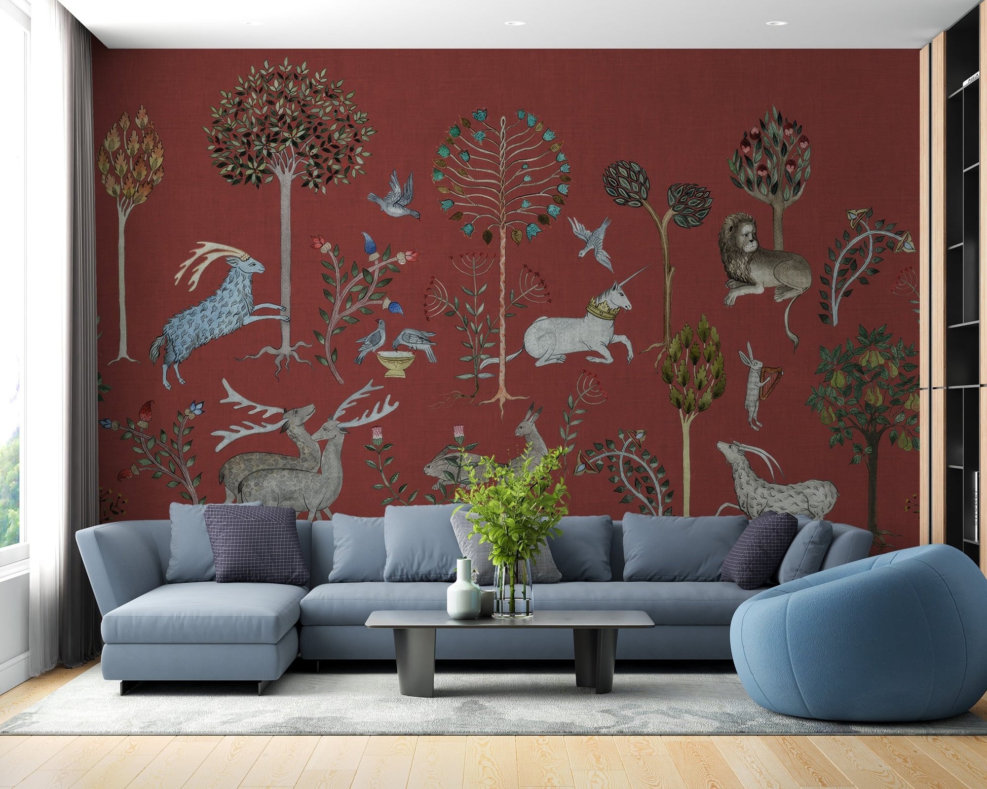 Mystical illustrated woodland wallpaper in rich red tone.
