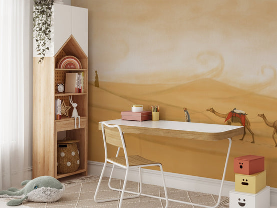 Desert dunes wall mural in kids study room with wooden desk and white chair.