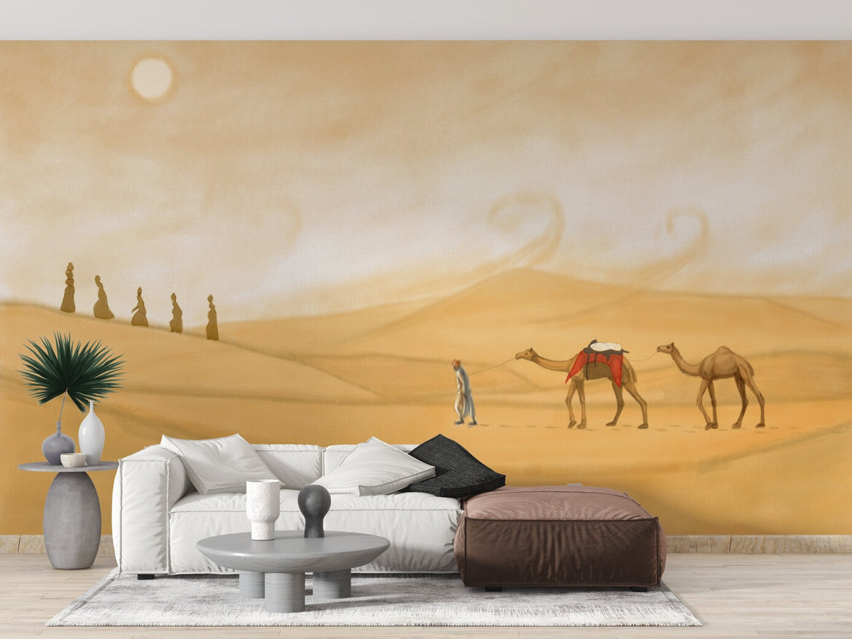 Mystical desert journey wall murals behind white couch and brown ottoman.