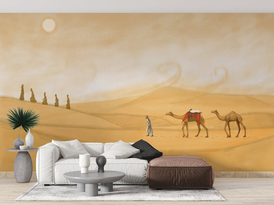 Mystical desert journey wall murals behind white couch and brown ottoman.