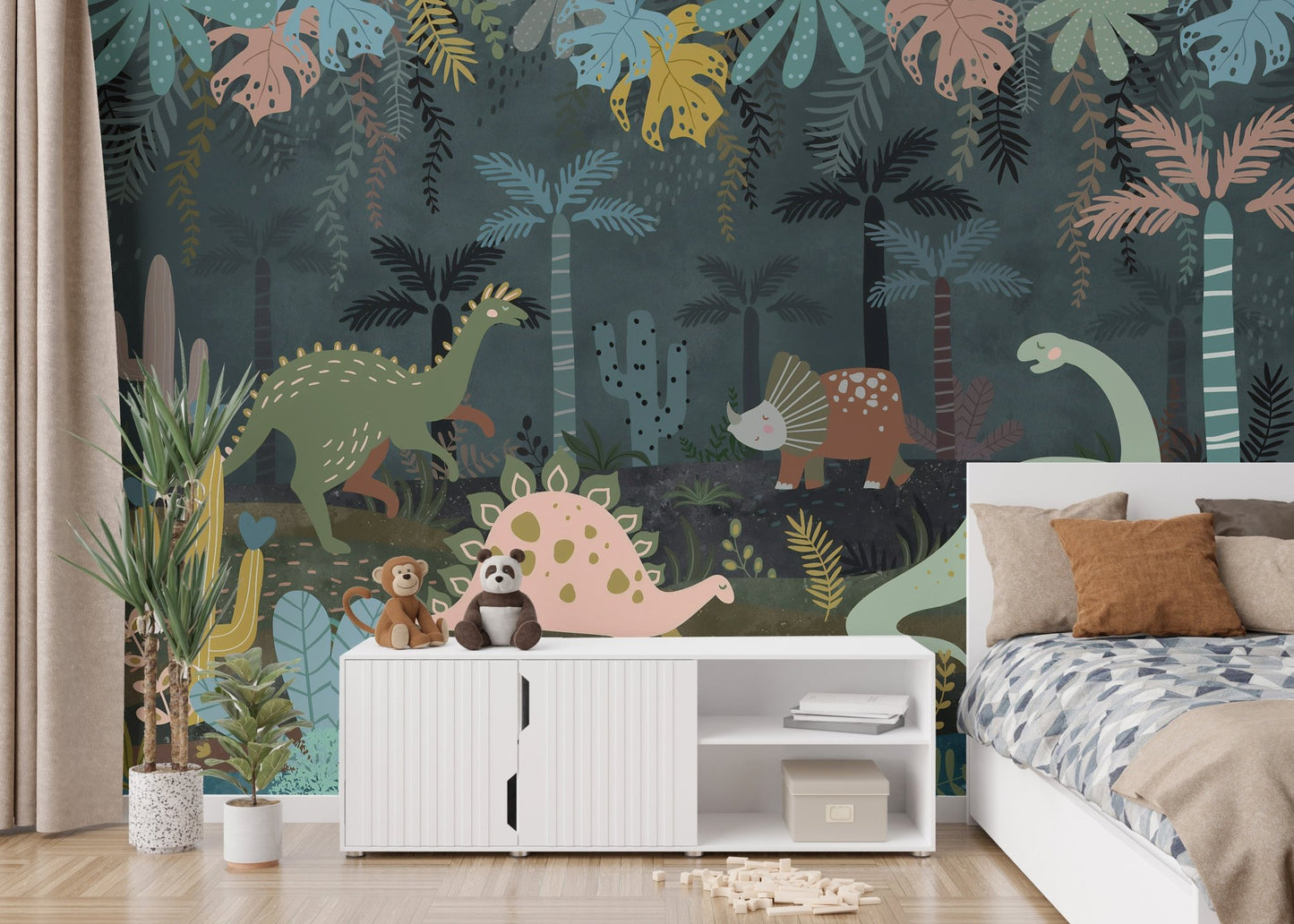 White storage unit in a bedroom with mystical dino nightscapes wall mural.