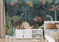 White storage unit in a bedroom with mystical dino nightscapes wall mural.