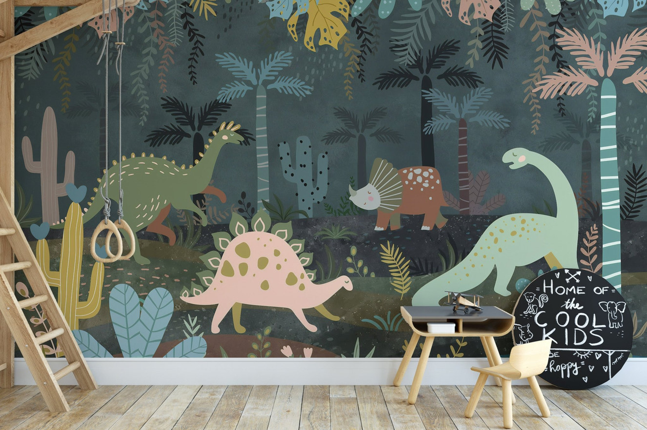 Kids study area featuring mystical dino nightscapes wall murals.