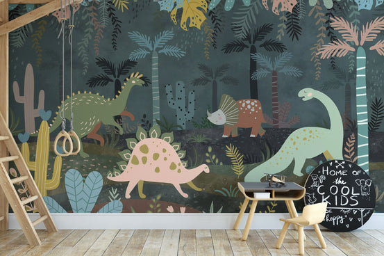 Kids study area featuring mystical dino nightscapes wall murals.