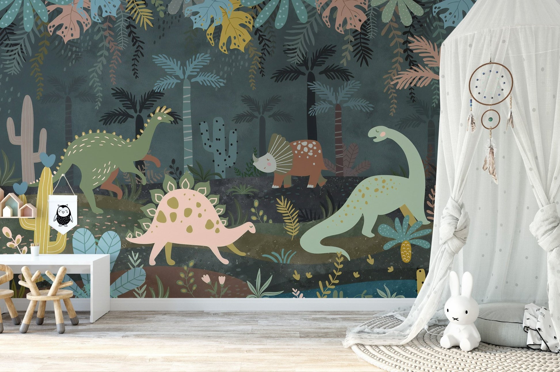 Playroom corner with mystical dino nightscapes wall mural.