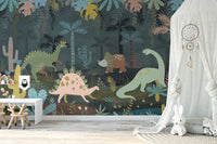 Playroom corner with mystical dino nightscapes wall mural.