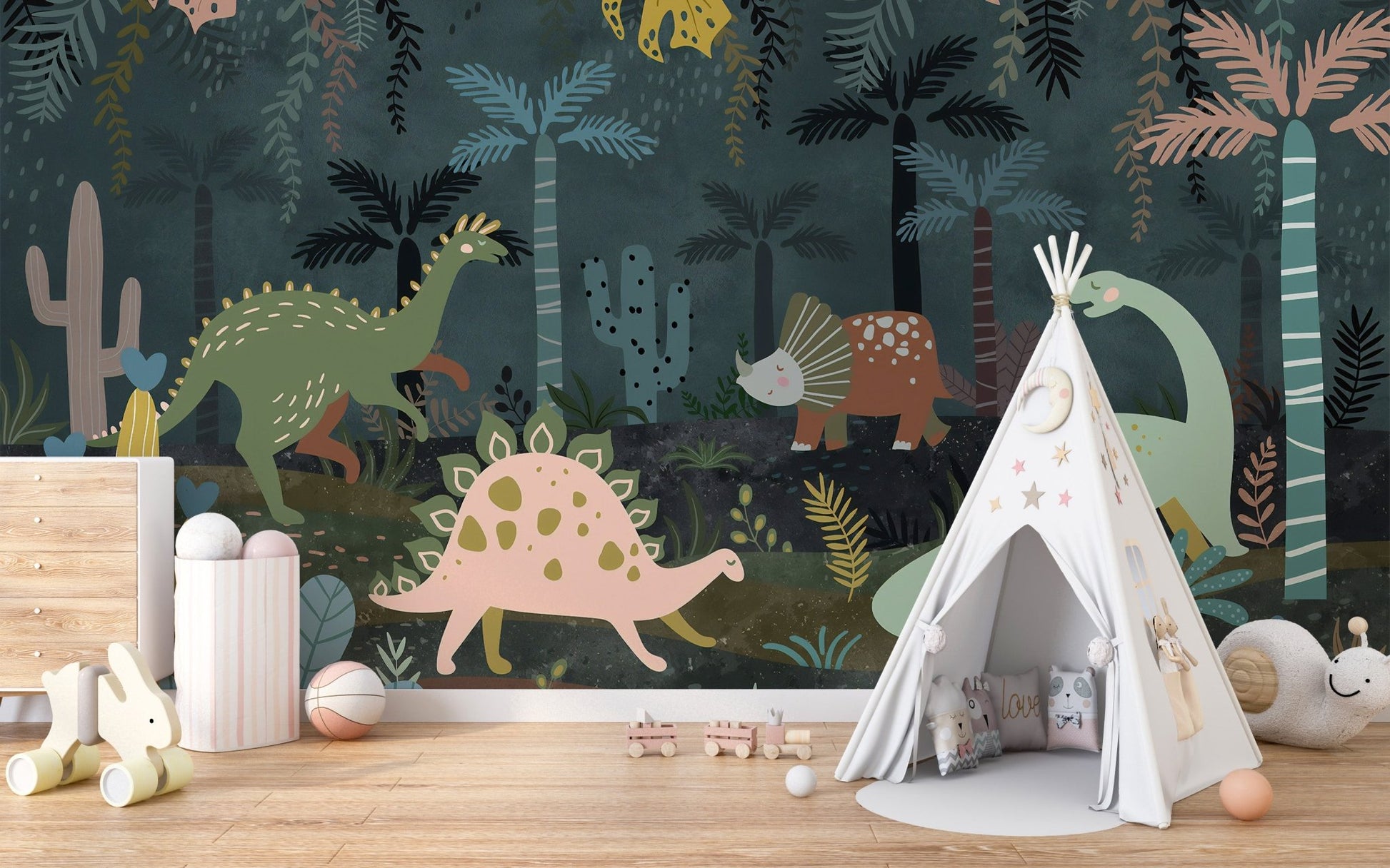 Teepee tent in a kids space with a teal dinosaur wall mural.