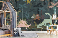Playroom wall mural with pink and green dino on dark teal.