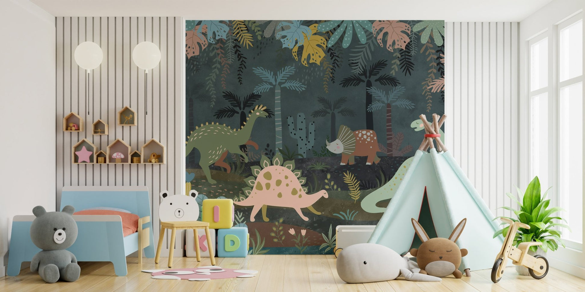 Large bedroom displaying mystical dino nightscapes wall mural.