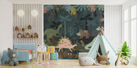 Large bedroom displaying mystical dino nightscapes wall mural.