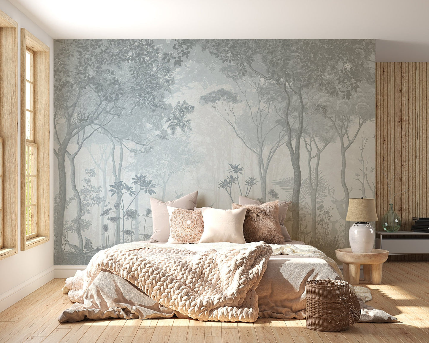 Misty forest mural creating a peaceful feel in a bedroom.