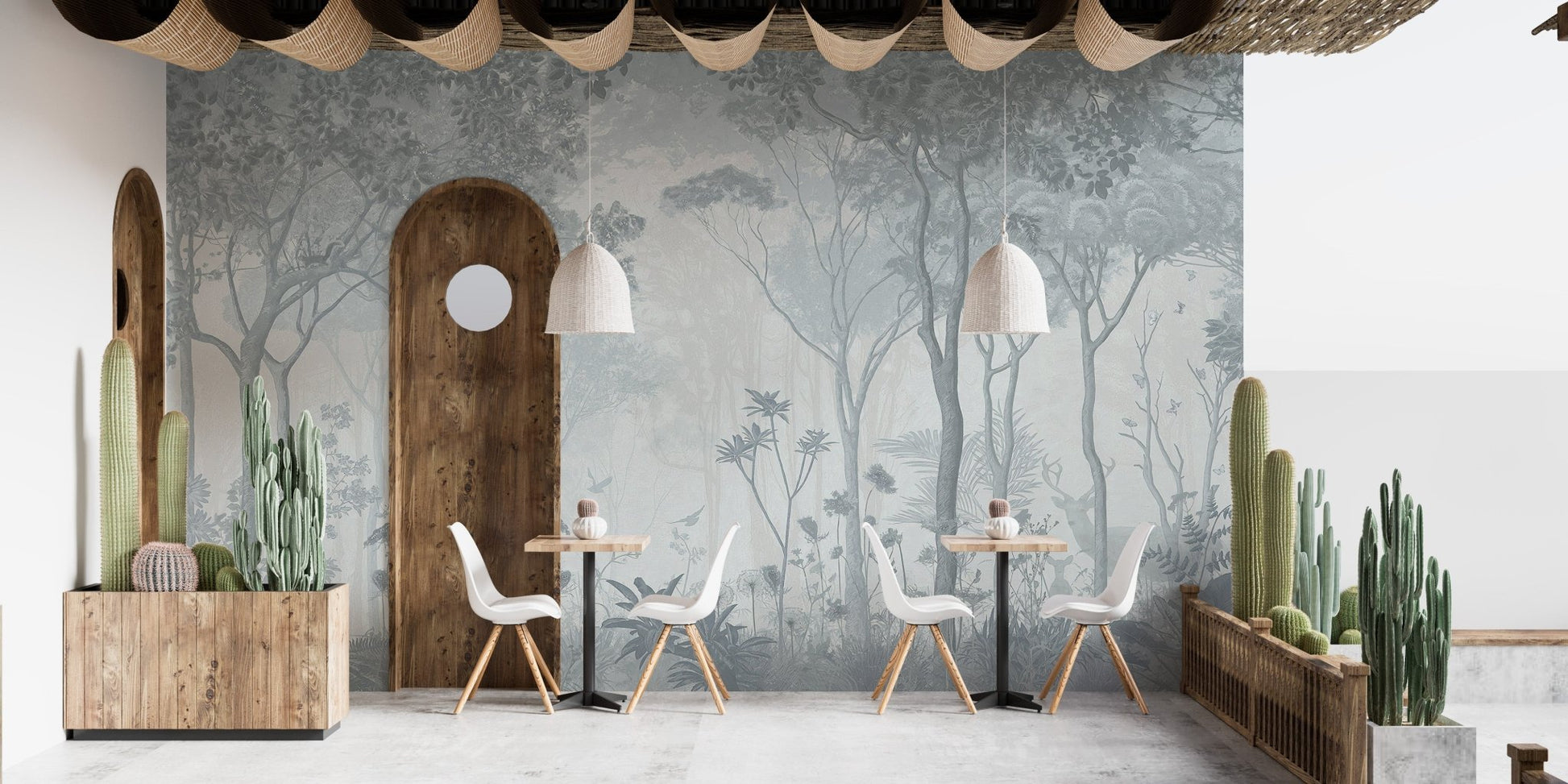 Ethereal foggy forest mural with details in a cafe setting.