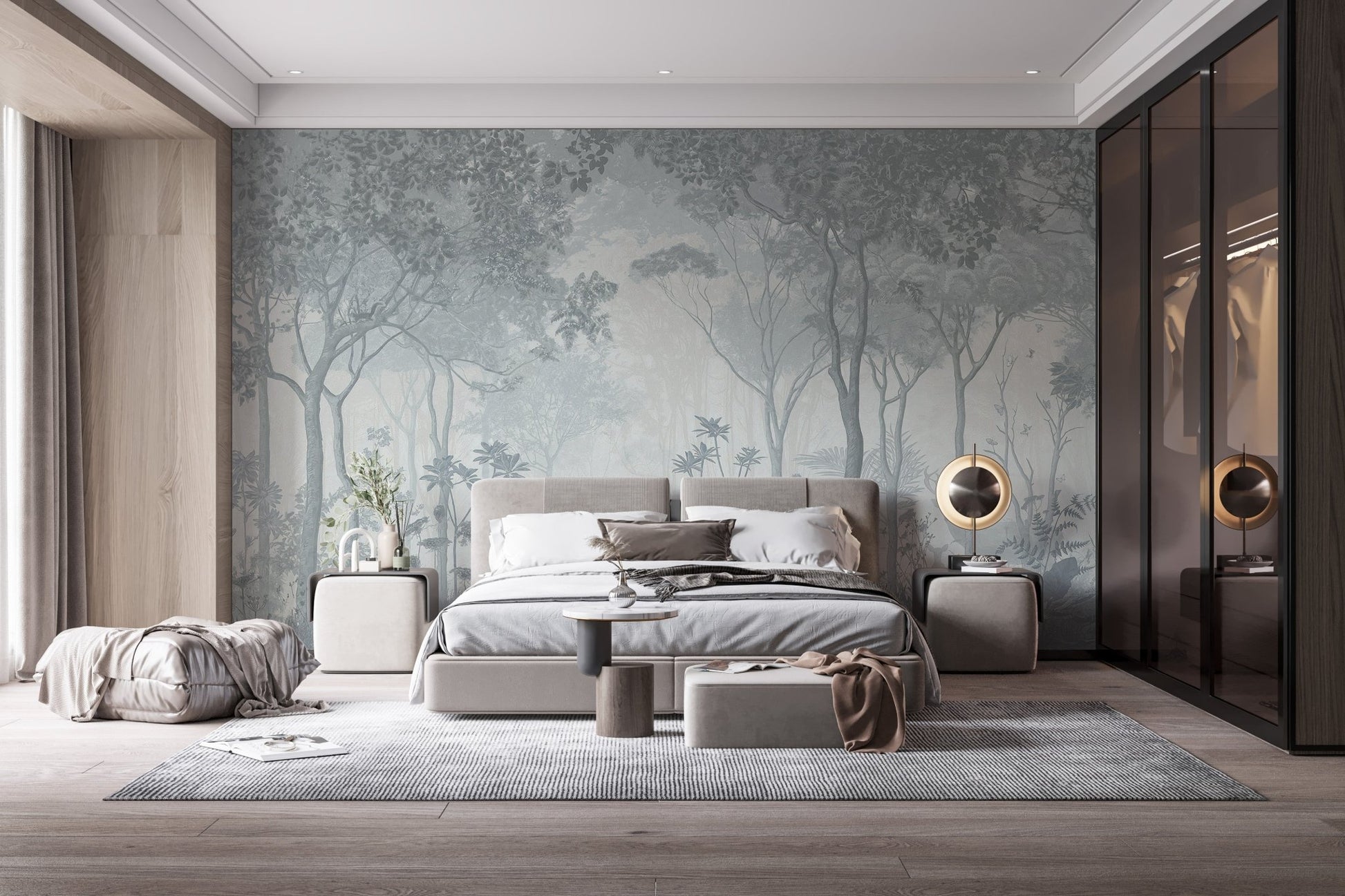 Misty forest wall mural in contemporary bedroom with grey carpet.