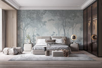 Misty forest wall mural in contemporary bedroom with grey carpet.