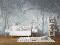 Serene forest wall mural with misty vibes in nursery area.