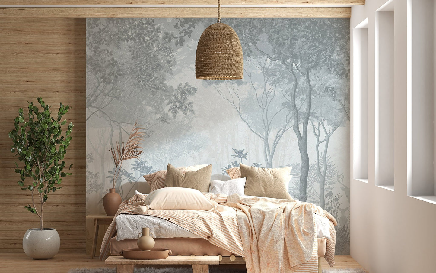 Mystical fog forest wall mural in a bedroom with natural wood accents