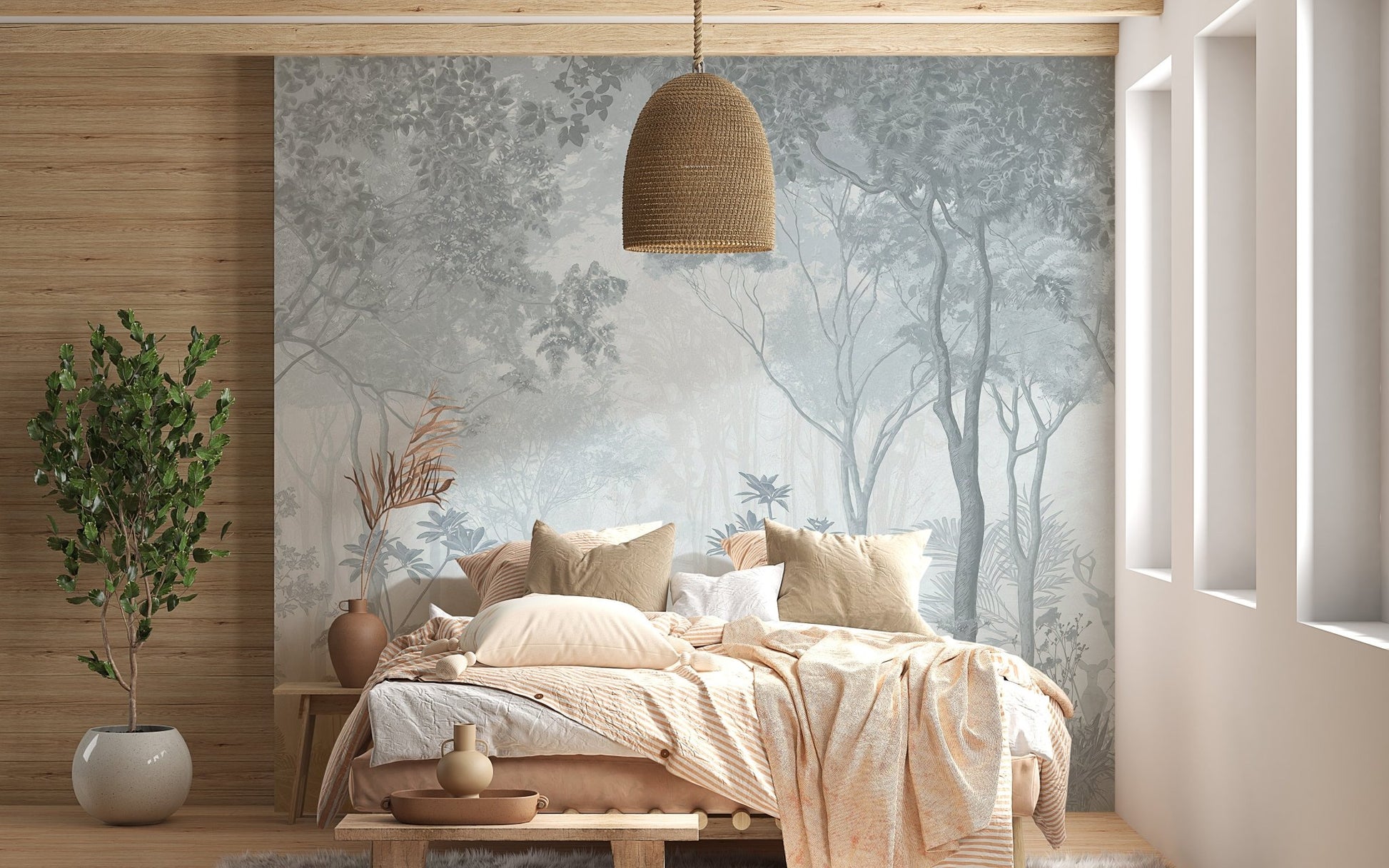 Mystical fog forest wall mural in a bedroom with natural wood accents