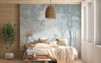 Mystical fog forest wall mural in a bedroom with natural wood accents