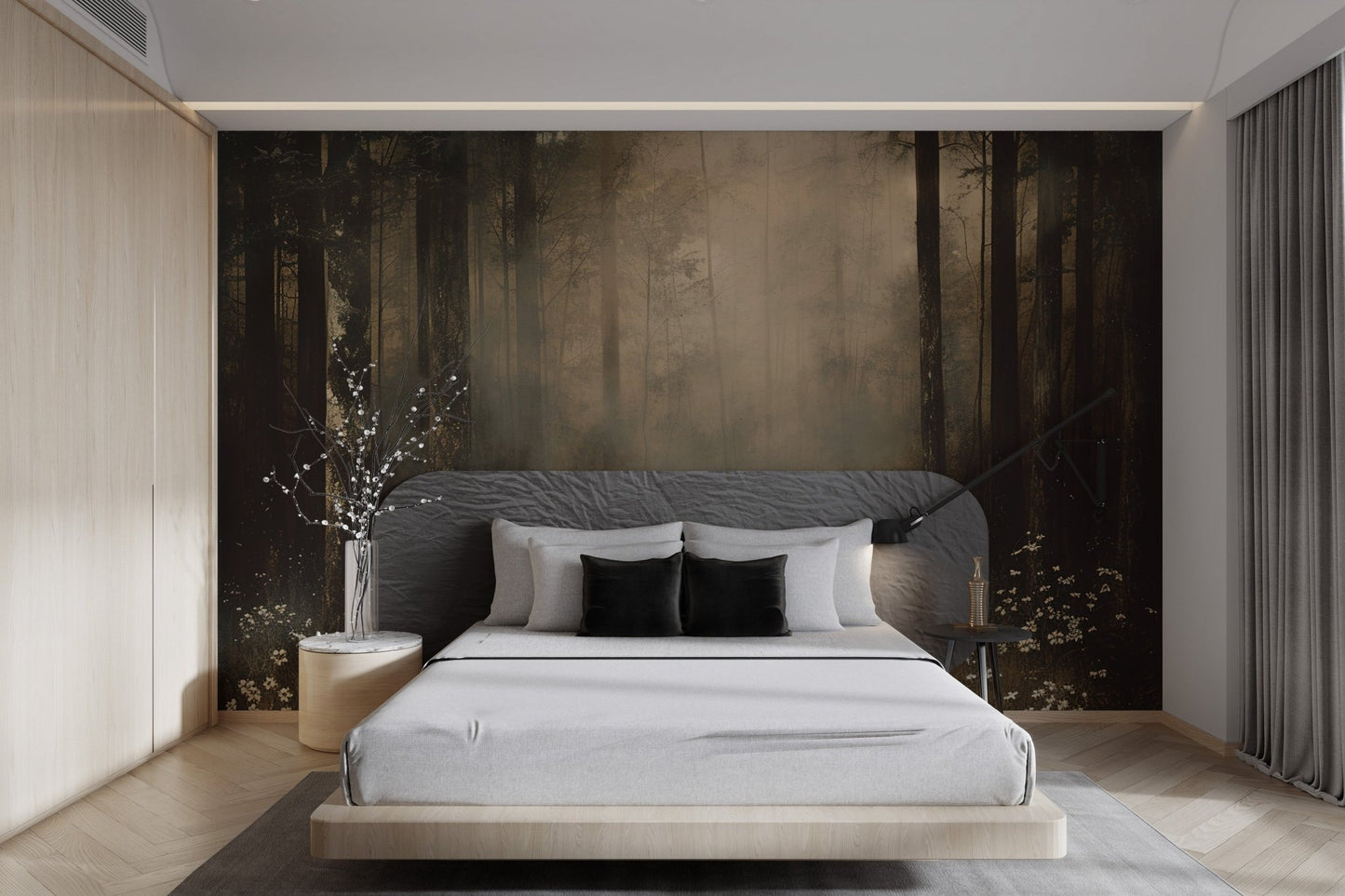 Nature inspired forest wall mural showing a dense pine grove and ground flora.