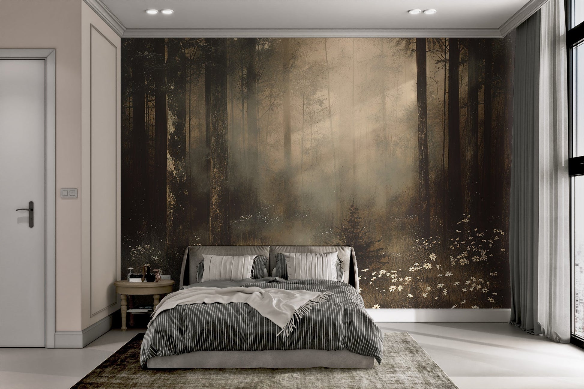 Misty landscape forest wall mural with a vintage aesthetic and muted colors.