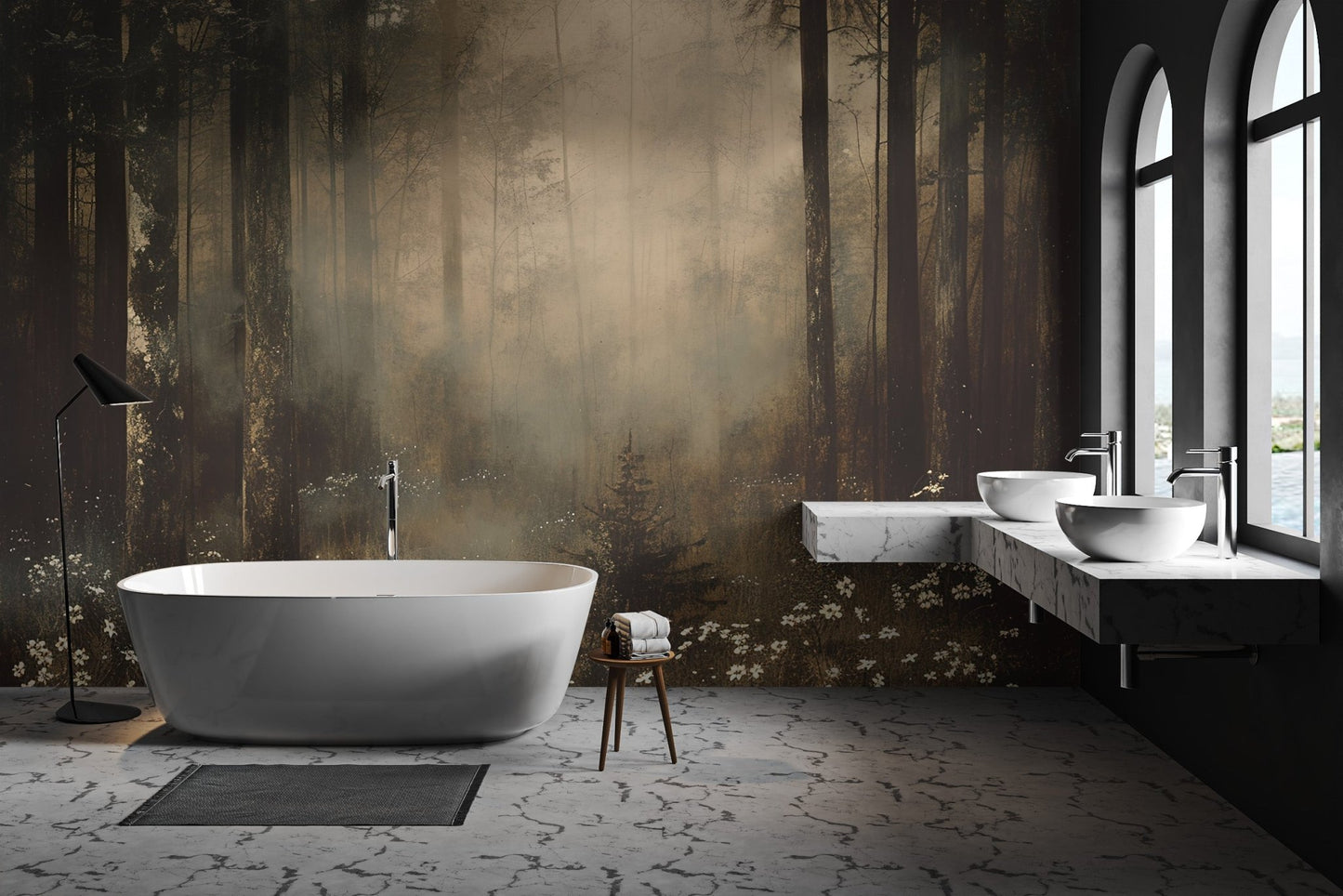 Dark botanical foggy wallpaper with small white blossoms in a hazy glade.