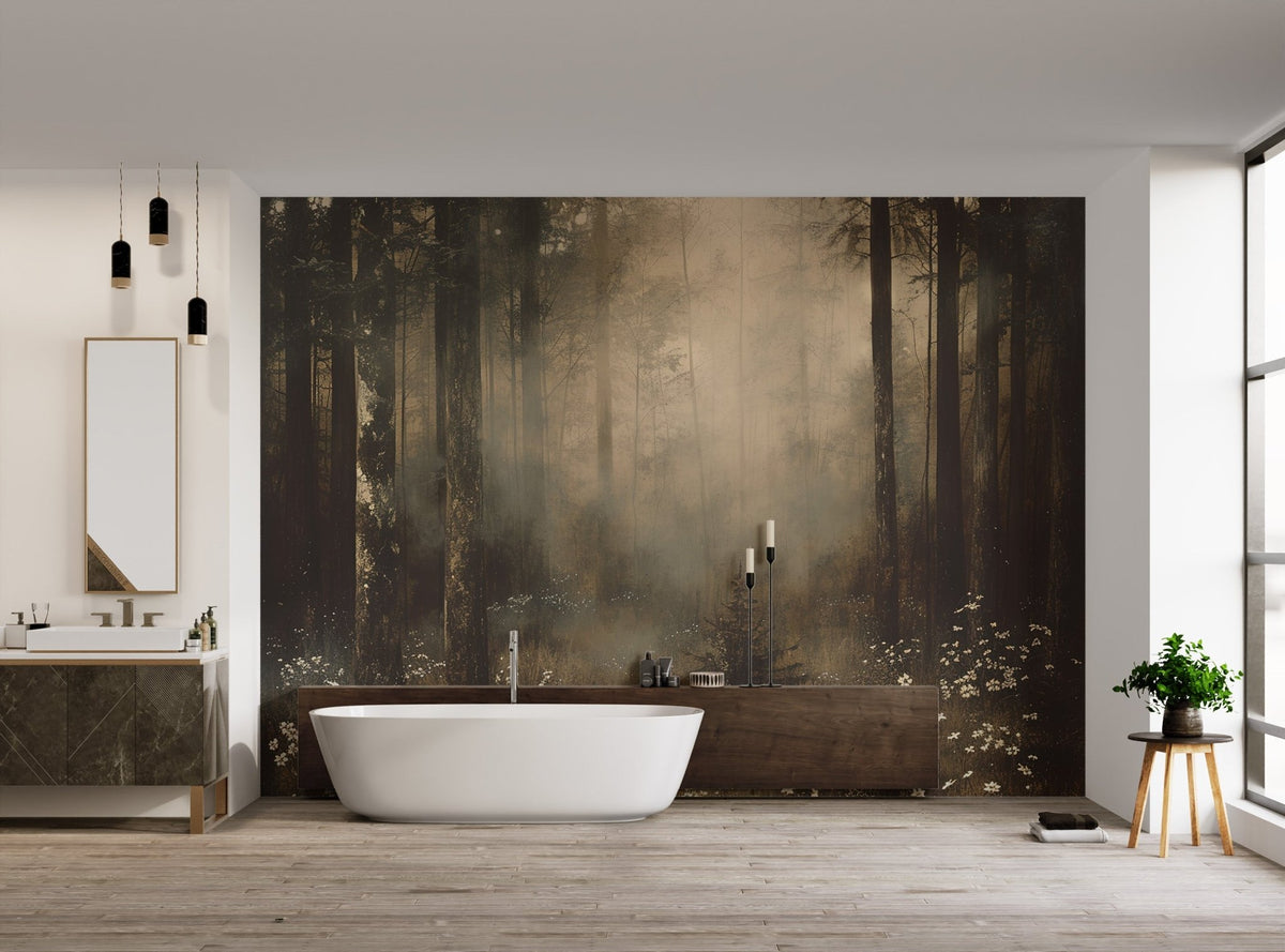 Mystical foggy forest wallpaper with tall dark trees and misty light.