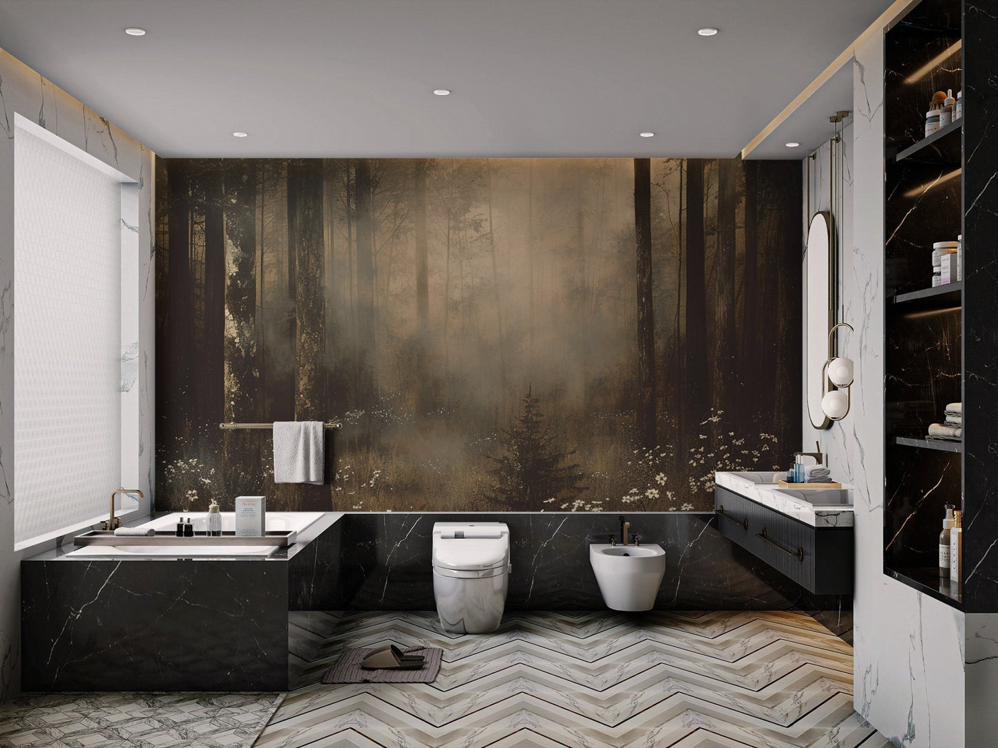 Deep forest wallpaper in sepia tones with atmospheric moonlight.