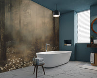 Artistic foggy forest wall mural with layered tree shadows and glowing mist.