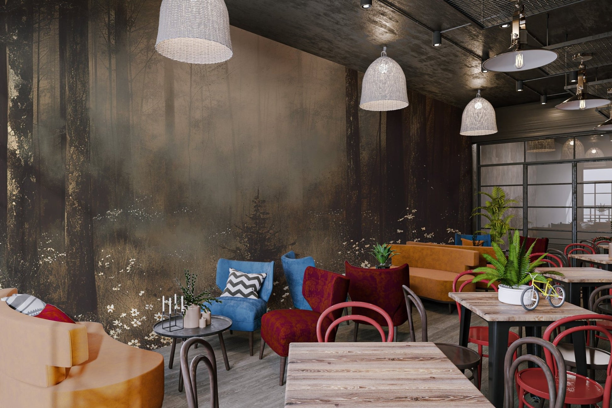 Shadowy forest wallpaper highlighting a lone small fir tree in fog.