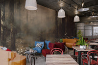 Shadowy forest wallpaper highlighting a lone small fir tree in fog.