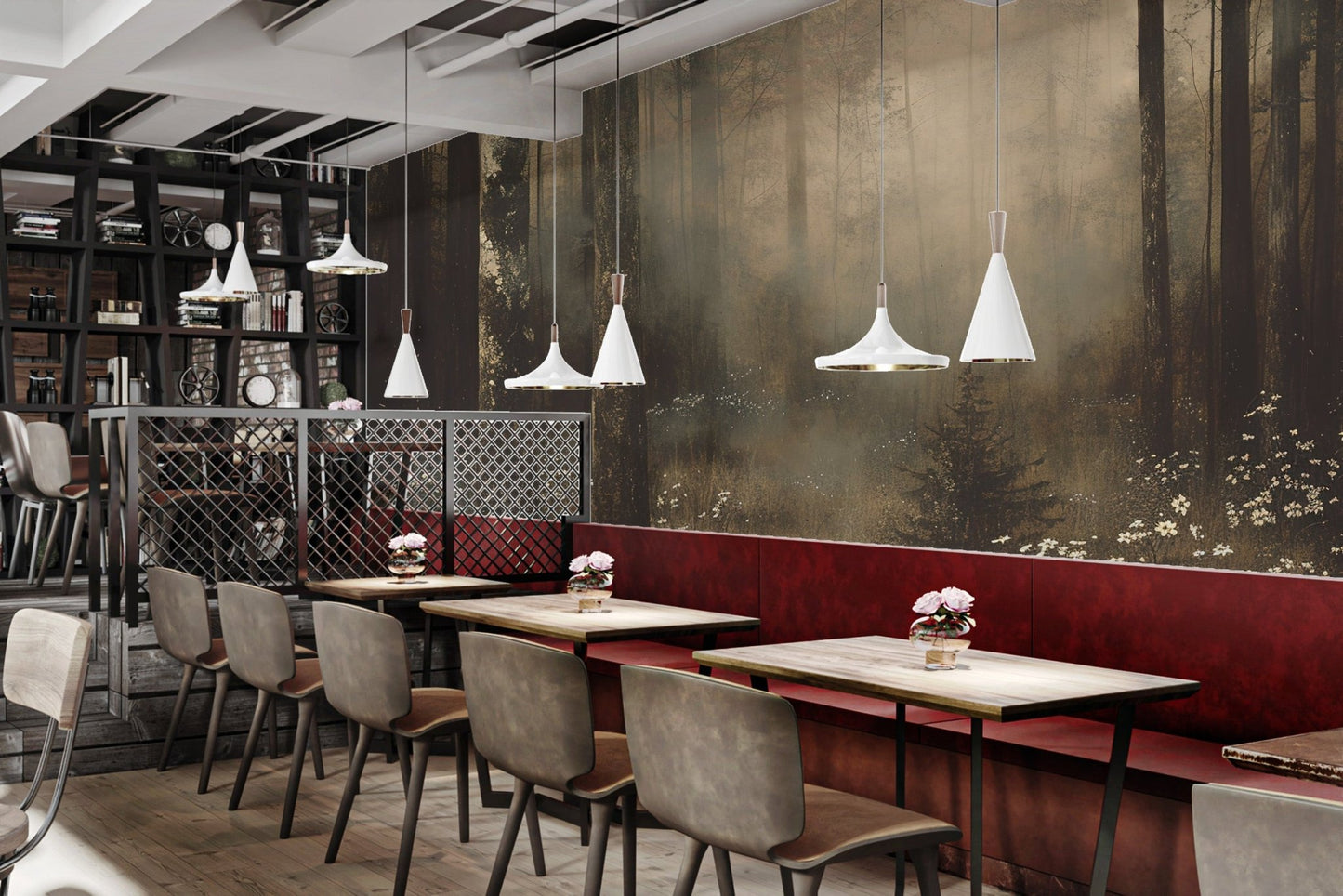 Rustic timberland foggy wall mural for a grounded and natural interior feel.