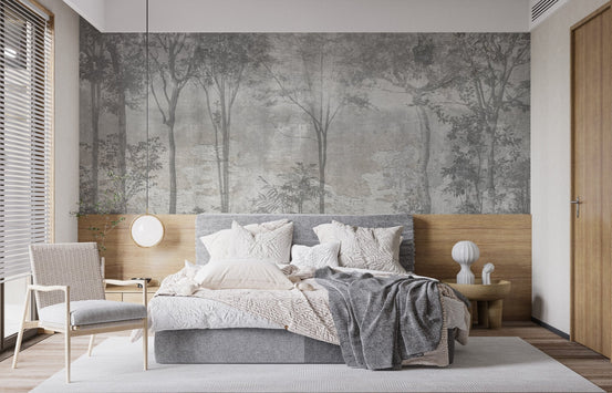 Enchanting mystical forest mural with lush green foliage in bedroom.
